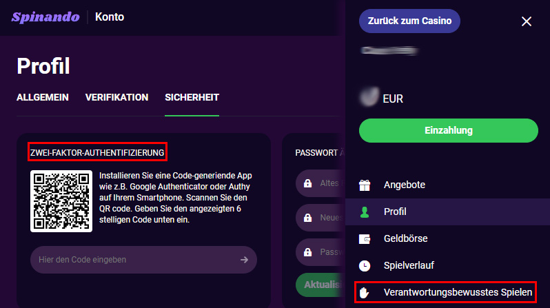 spinando-spielerkonto-2fa-limits-einstellen
