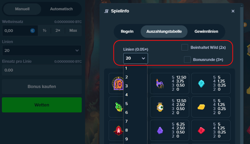 Die Auszahlungstabelle im Spiel ist interaktiv: Wer wissen möchte, wie sich die Gewinnquoten in der Bonusrunde verändern oder wenn Wilds auftreten, kann dies hier herausfinden. Die Anzahl der aktiven Gewinnlinien hat ebenfalls einen Einfluss auf den Liniengewinn.