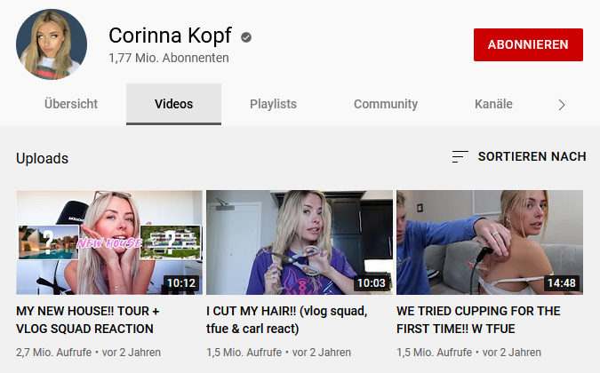 ©youtube.com/c/CorinnaKopf | Die letzten Youtube Videos von Corinna Kopf sind Anfang 2020 erschienen. Ungewöhnlich, dass sie den Kanal mit mehreren Millionen Views pro Video aufgegeben hat.