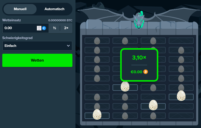 Vier aufgedeckte Eier bzw. erklommene Reihen bringen bei Schwierigkeitsgrad "Einfach" einen Gewinnmultiplikator von 3,10