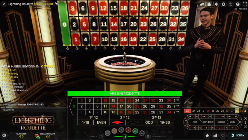 Der Screenshot zeigt eine Lightning Roulette Spielrunde mit den möglichen Einsätzen.