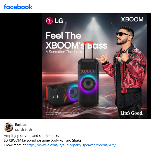 ©facebook.com/raftaarmusic - Raftaar wirbt für den Elektronikhersteller LG.