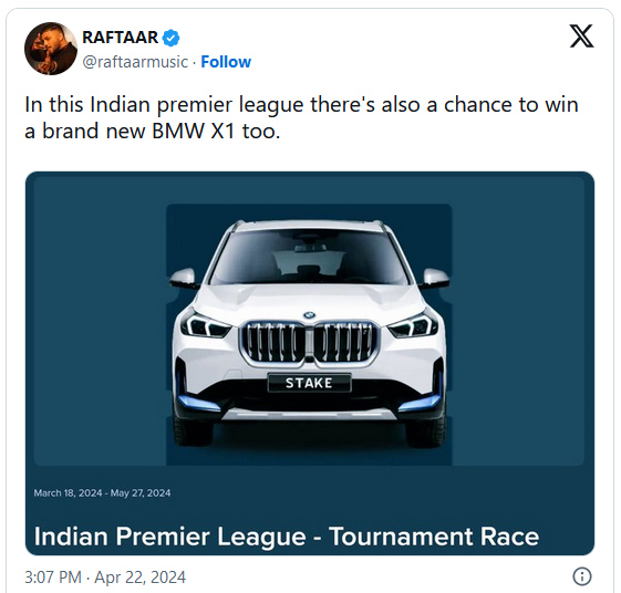 ©x.com/raftaarmusic - Im April 2024 bewarb Raftaar eine Werbeaktion von Stake. Casinokunden hatten die Möglichkeit, einen brandneuen BMW X1 zu gewinnen.