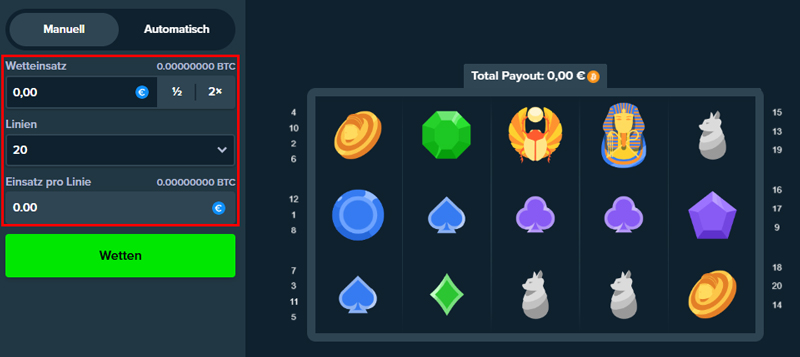 Die Anzahl der Gewinnlinien kann individuell festgelegt werden. Der Einsatz wird dann auf die Linien aufgeteilt.