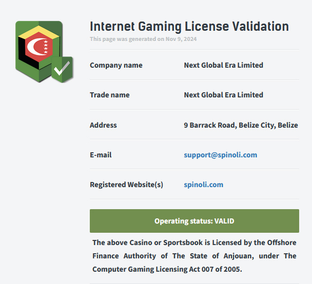 Spinoli Casino License